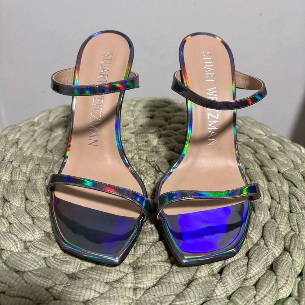 NEW Stuart Weitzman Aleena 100 Silver Hologram Square Toe Slip On Sandal Heels